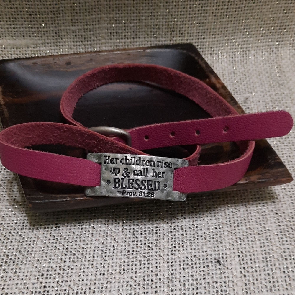 Blessed Pink Leather Wrap Bracelet Antique Silver Bible Quote - Proverbs